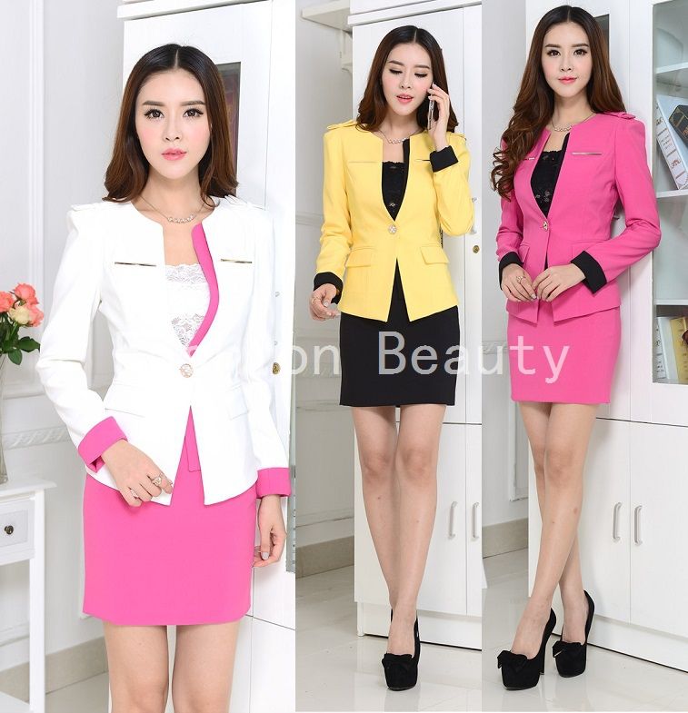 Wholesale-New Formal Skirt Suits Blazer And Skirt For Ladies Office Work Wear Business Uniforms Set 2015 Fashion Slim Autumn Winter S-3XL