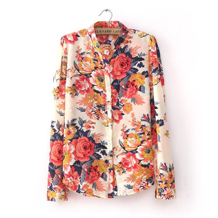 Wholesale-New 2015 Womens Blouse Autumn Long Sleeve Blouse Shirt Chiffon Flower Blouse Ladies Tops Clothing S001