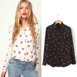 Wholesale- New Women Hot Sale Brand Design High Street Elegant Lip Print Chiffon Blouse Shirt,black;white,Y6045