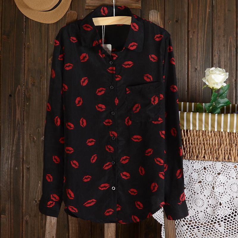Wholesale- New Women Hot Sale Brand Design High Street Elegant Lip Print Chiffon Blouse Shirt,black;white,Y6045