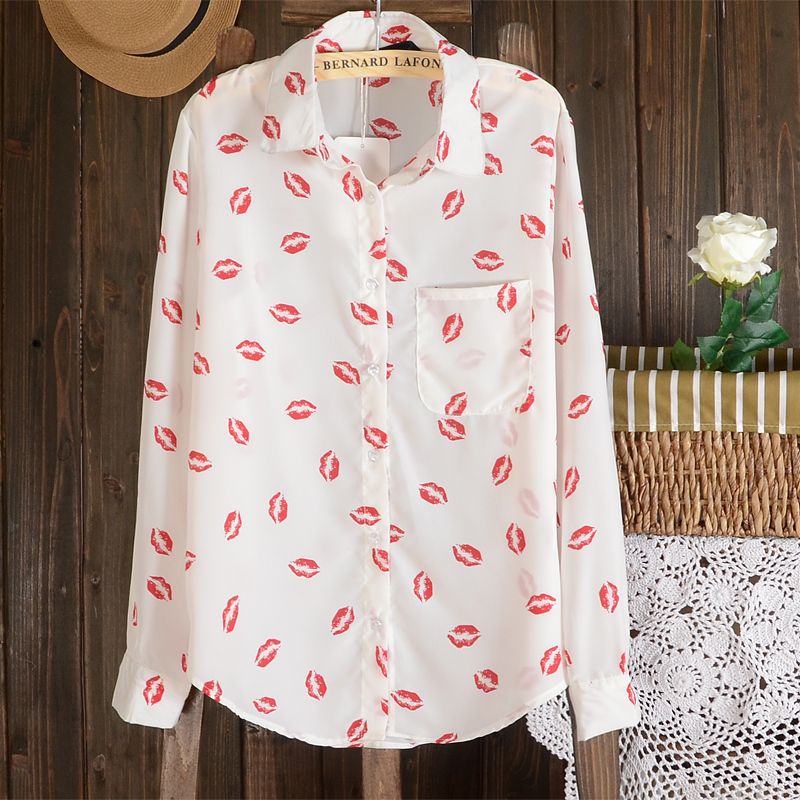 Wholesale- New Women Hot Sale Brand Design High Street Elegant Lip Print Chiffon Blouse Shirt,black;white,Y6045