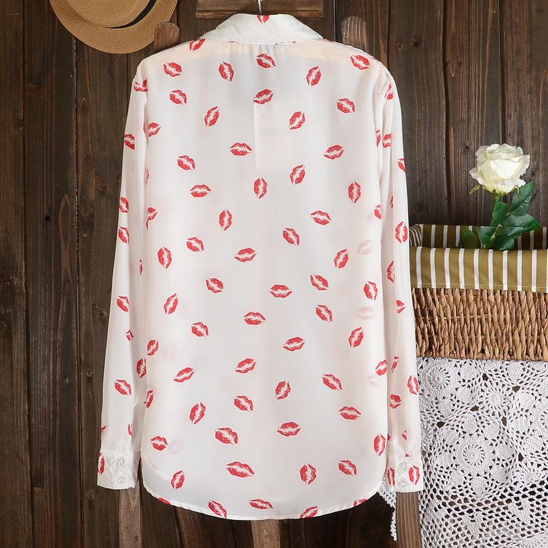 Wholesale- New Women Hot Sale Brand Design High Street Elegant Lip Print Chiffon Blouse Shirt,black;white,Y6045