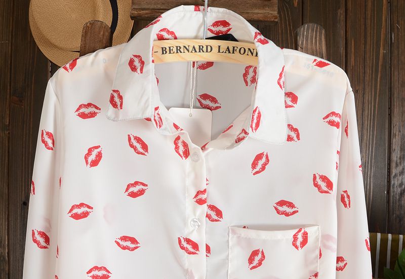 Wholesale- New Women Hot Sale Brand Design High Street Elegant Lip Print Chiffon Blouse Shirt,black;white,Y6045