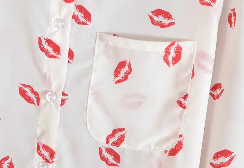 Wholesale- New Women Hot Sale Brand Design High Street Elegant Lip Print Chiffon Blouse Shirt,black;white,Y6045
