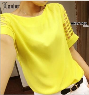 Wholesale-2015 New Fashion HOT Hollow Out Sleeve Plus SIZE Women Chiffon Shirt Summer Blouse SP1306
