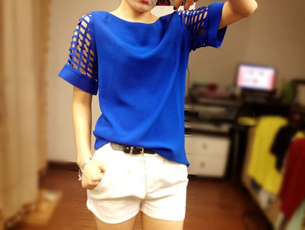 Wholesale-2015 New Fashion HOT Hollow Out Sleeve Plus SIZE Women Chiffon Shirt Summer Blouse SP1306