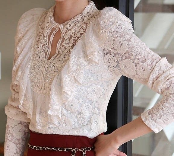 Wholesale-New 2015 Free shipping Spring summer women Lace blouse chiffon shirt large size Hook flower Lady hollow out casual base S~3XL