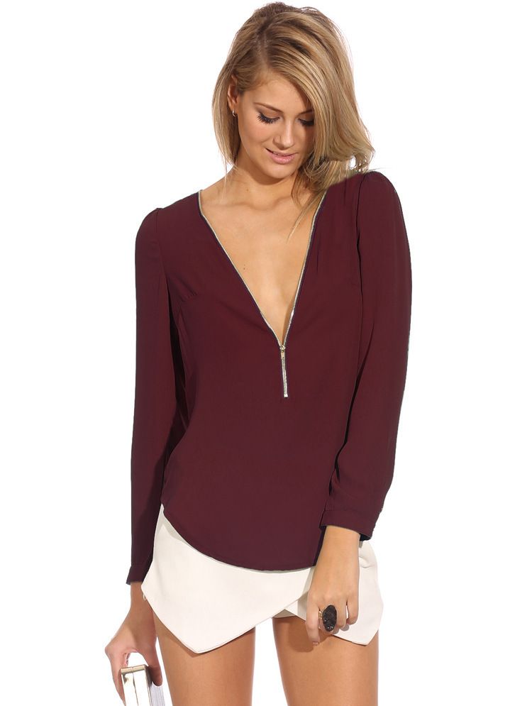 Wholesale-2015 Women Sexy Chiffon Blouse Slim Fit Casual Ladies 6 Color Zipper Top Shirts Tops Size S M L XL XXL Drop shipping