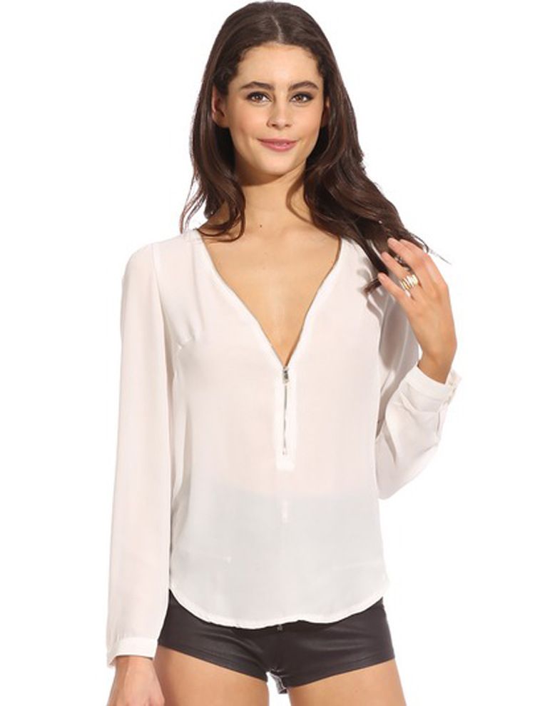 Wholesale-2015 Women Sexy Chiffon Blouse Slim Fit Casual Ladies 6 Color Zipper Top Shirts Tops Size S M L XL XXL Drop shipping