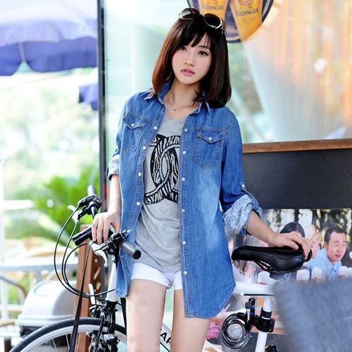 Wholesale-PLUS SIZE Denim Shirt Blouse top camisas Jeans female Print long sleeve blusas femininas ladies female women autumn winter 2015