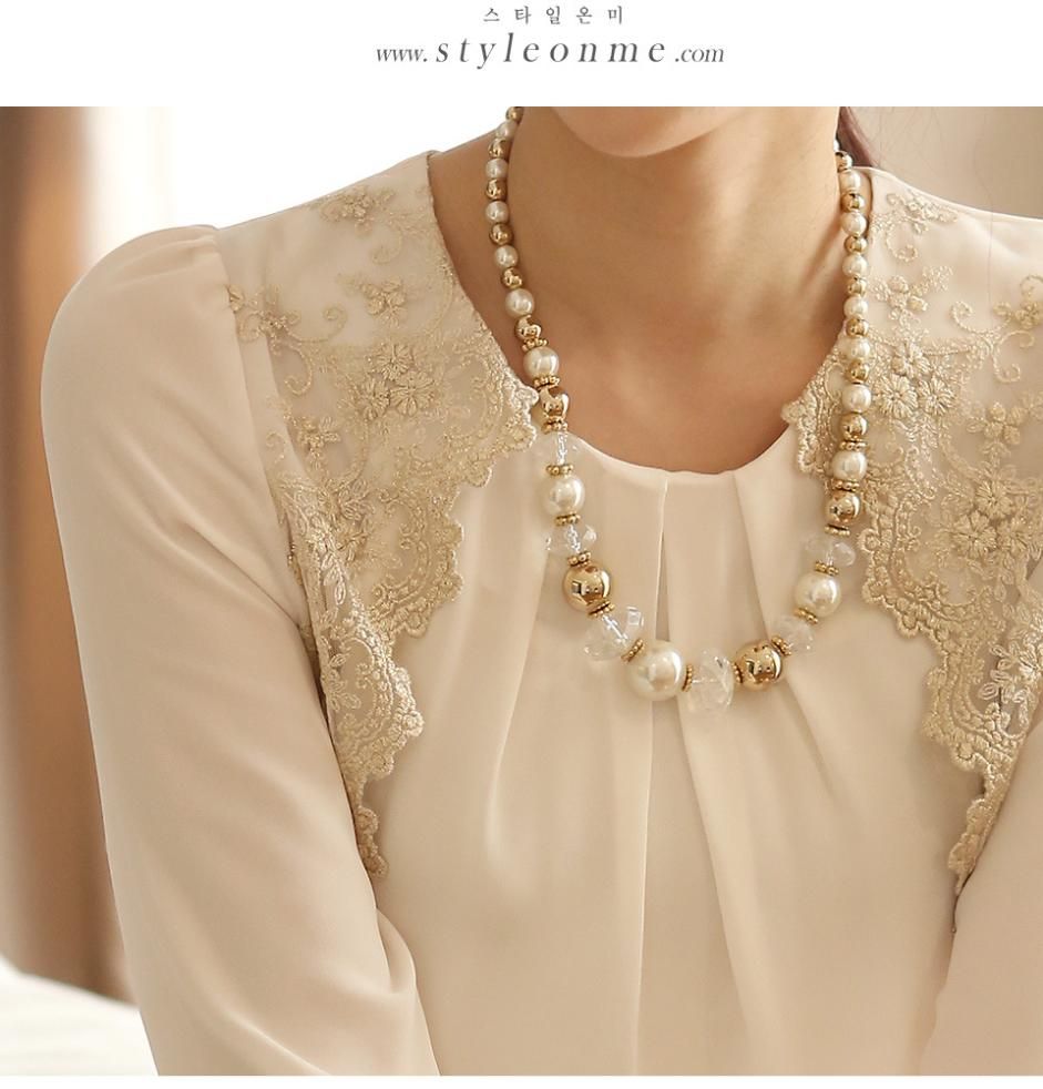 Wholesale-Women Long Sleeve Embroidered Chiffon Casual Top Blouse elegant lady White lace sweet loose Shirt O neck Pullover Clothing S-XL