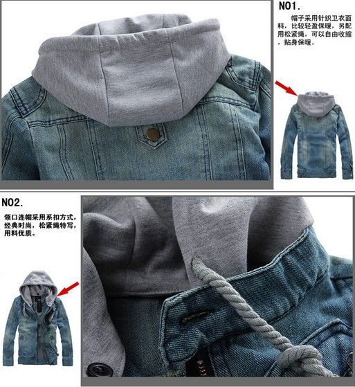 Wholesale-New arrive Men's Fashion Jacket Outerwear Denim jeans jacket men Slim denim jacket hooded jacket clothing Free Shipping