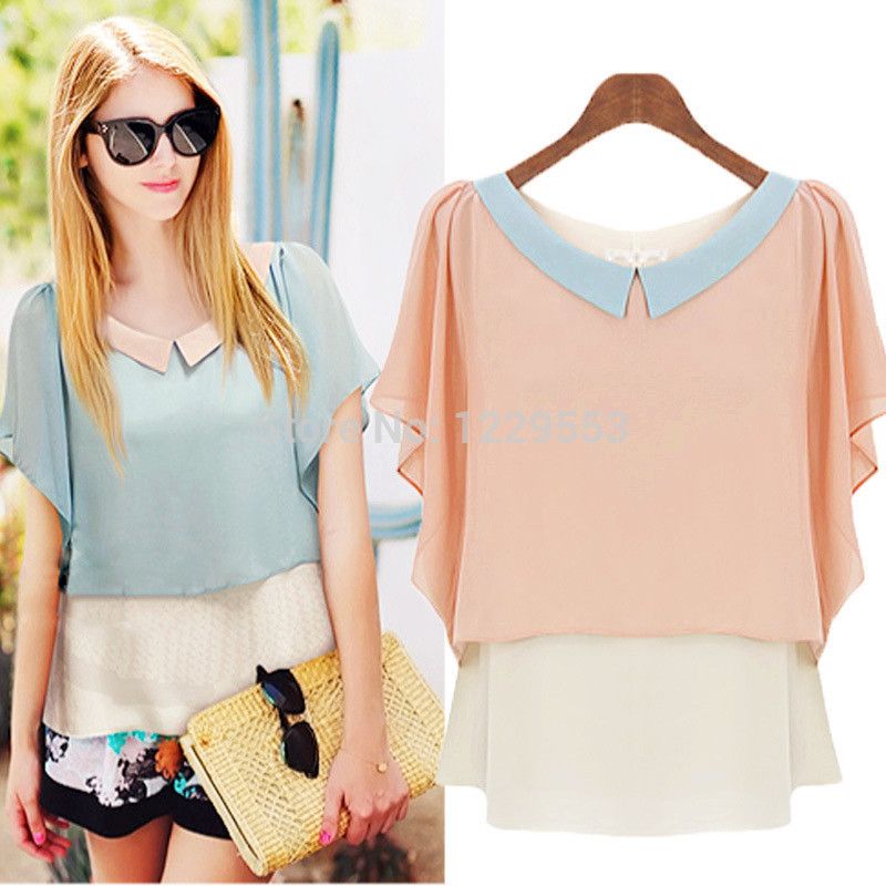 Wholesale-2015 new fashion summer women loose fitting chiffon shirt o-neck Short sleeve women blouse and top XXL plus size Free shipping