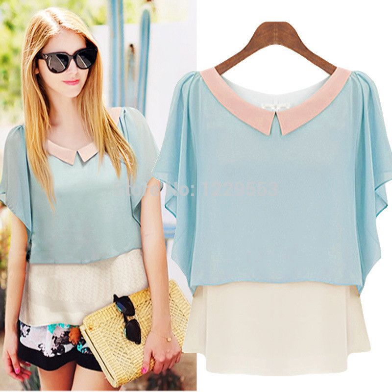 Wholesale-2015 new fashion summer women loose fitting chiffon shirt o-neck Short sleeve women blouse and top XXL plus size Free shipping