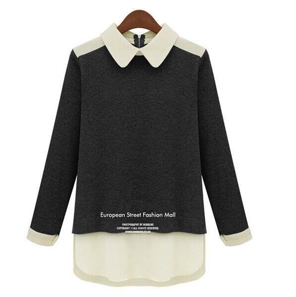 Wholesale-2015 Autumn And Winter Peter Pan Collar Chiffon Women Blouses Patchwork Long-Sleeve Knitted Pullover Sweater Women Tops 1135