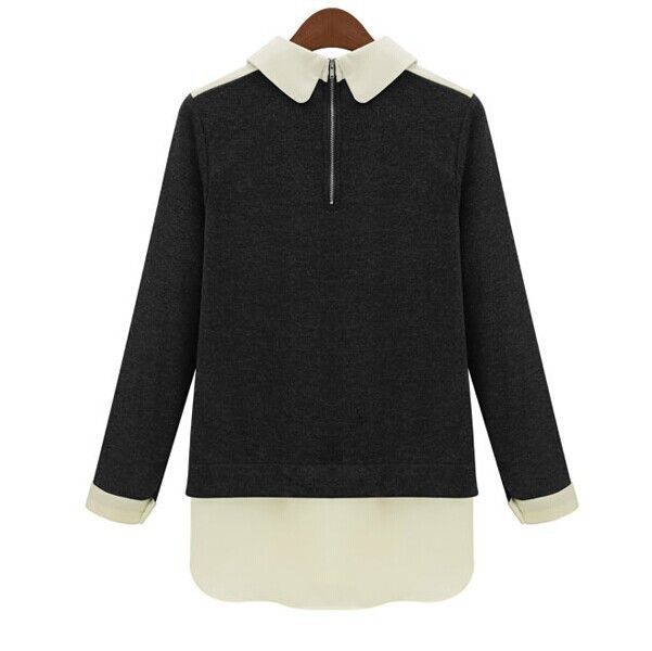 Wholesale-2015 Autumn And Winter Peter Pan Collar Chiffon Women Blouses Patchwork Long-Sleeve Knitted Pullover Sweater Women Tops 1135