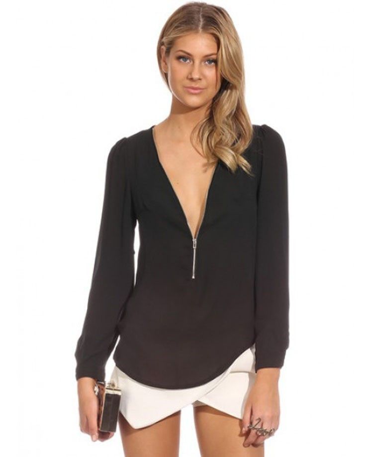 Wholesale-2015 Women Sexy Chiffon Blouse Slim Fit Casual Ladies 6 Color Zipper Top Shirts Tops Size S M L XL XXL Drop shipping