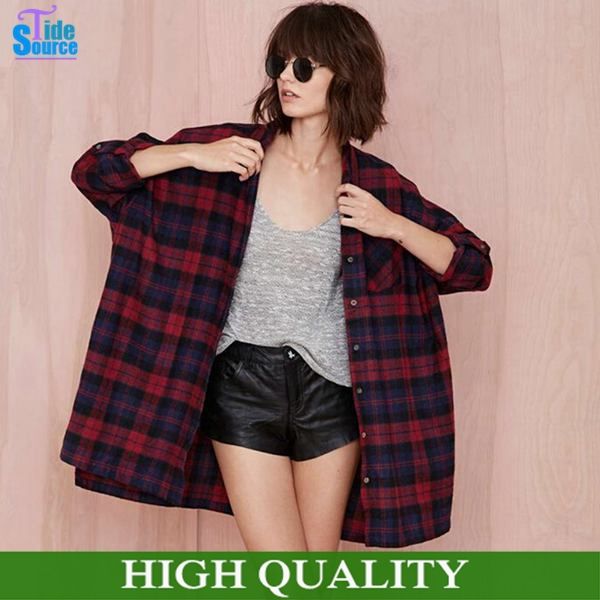 Wholesale-Blusas Femininas 2015 Oversize Blusa Asymmetric Vintage Plaid Shirt Women Blouses Long Sleeve Loose Thick Tropical Blouse Coat
