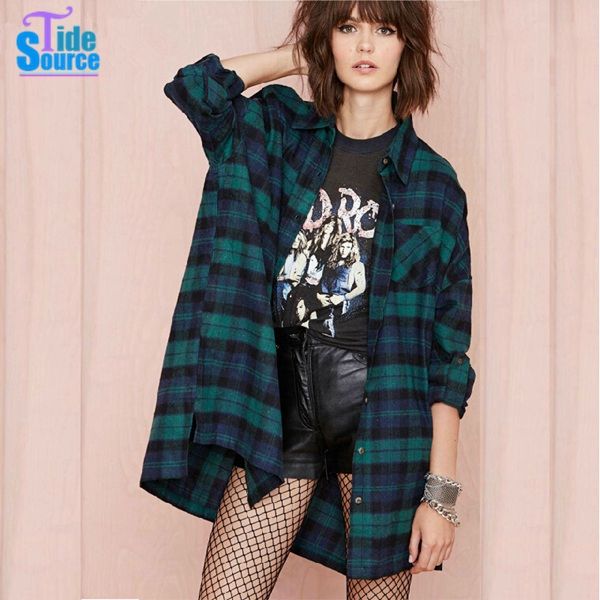 Wholesale-Blusas Femininas 2015 Oversize Blusa Asymmetric Vintage Plaid Shirt Women Blouses Long Sleeve Loose Thick Tropical Blouse Coat