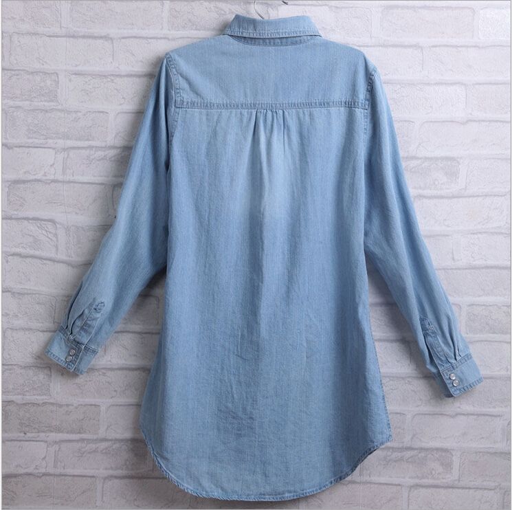 Wholesale-Women 2015 New Long Sleeve Slim Blue Denim Shirt Dress Jeans Blouse Coat Jacket Tops Long Style ZD116