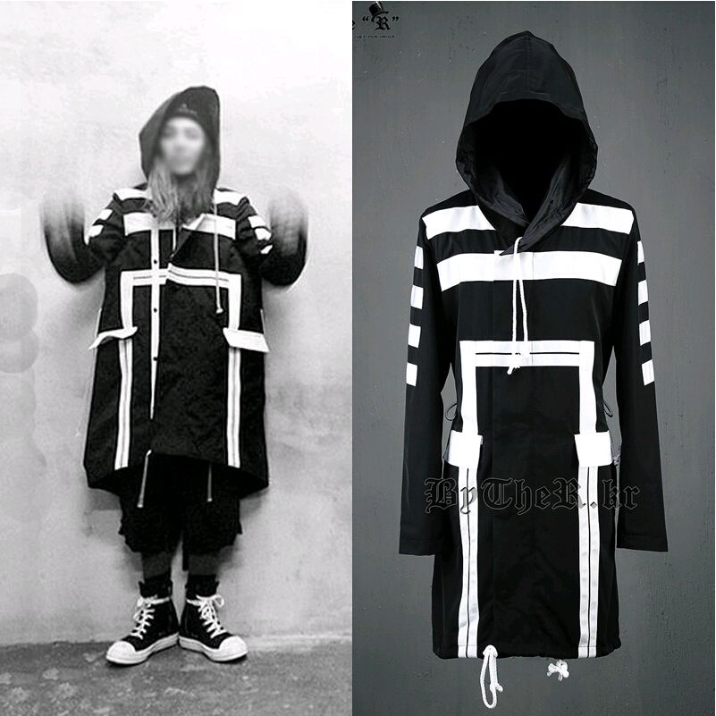 Wholesale-British Gothic Harajuku Brand Casual Loose Long Winter Trench Coat Men Overcoat Mens Hooded Cloak Pea Coat,Black White,M-XL