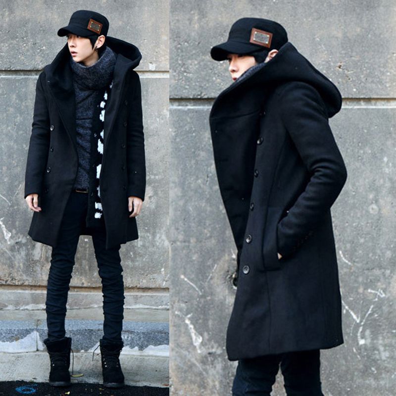 Wholesale-Free Shipping ! New Cheap Winter Korean Special Mens Hooded Pea Coat Slim Fit Long Section Men's Wool  Coat