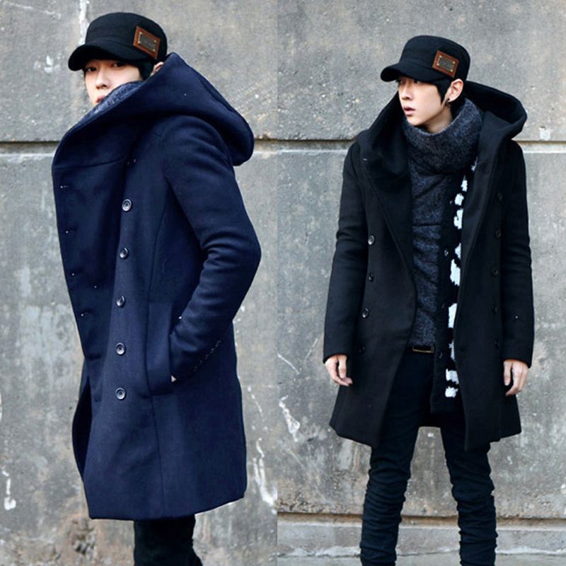 Wholesale-Free Shipping ! New Cheap Winter Korean Special Mens Hooded Pea Coat Slim Fit Long Section Men's Wool  Coat