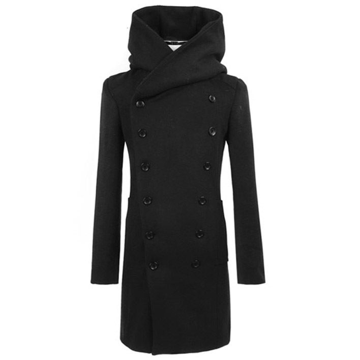 Wholesale-Free Shipping ! New Cheap Winter Korean Special Mens Hooded Pea Coat Slim Fit Long Section Men's Wool  Coat