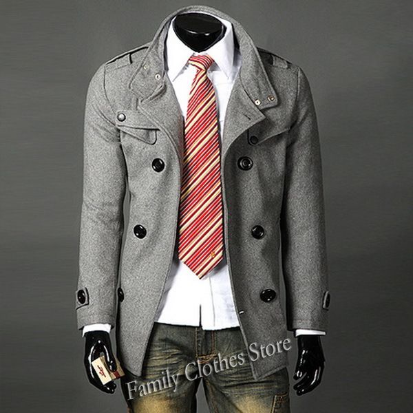 Wholesale-New Arrival Pea Coat Fashion Designer Mens Fitted Coat Men Slim British Style Double-Breasted Coat Stylish Men Jacket C043