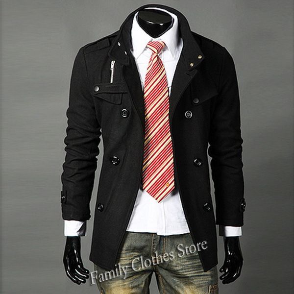Wholesale-New Arrival Pea Coat Fashion Designer Mens Fitted Coat Men Slim British Style Double-Breasted Coat Stylish Men Jacket C043