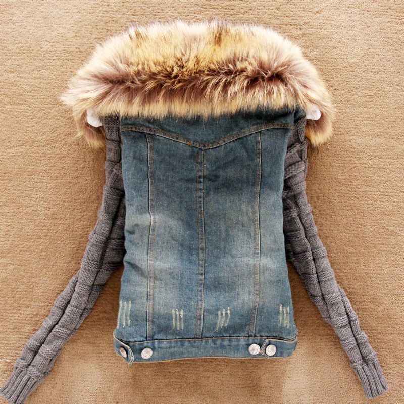 Wholesale-2015 Casacos Femininos Inverno Winter Women Jean Coat Suede Lining Detachable Fur Collar Jaquetas Jackets Free Shipping WWJ064