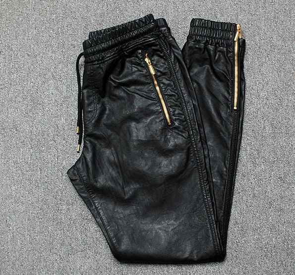 Wholesale-Top Quality Mens Leather Pants Gold Zipper HipHop Pants Trackpants Perfect Fit Slim Motorcycle Leather jogger Pants EUR Size