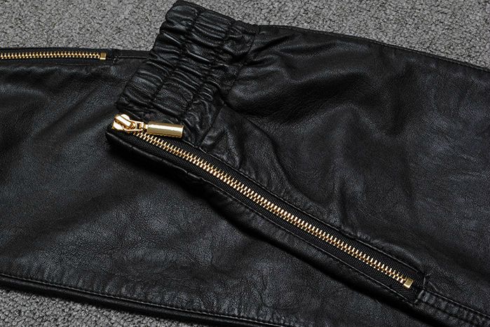 Wholesale-Top Quality Mens Leather Pants Gold Zipper HipHop Pants Trackpants Perfect Fit Slim Motorcycle Leather jogger Pants EUR Size