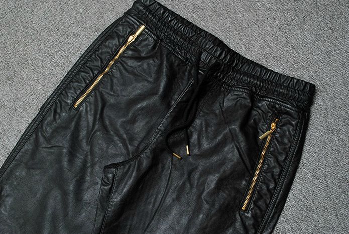 Wholesale-Top Quality Mens Leather Pants Gold Zipper HipHop Pants Trackpants Perfect Fit Slim Motorcycle Leather jogger Pants EUR Size