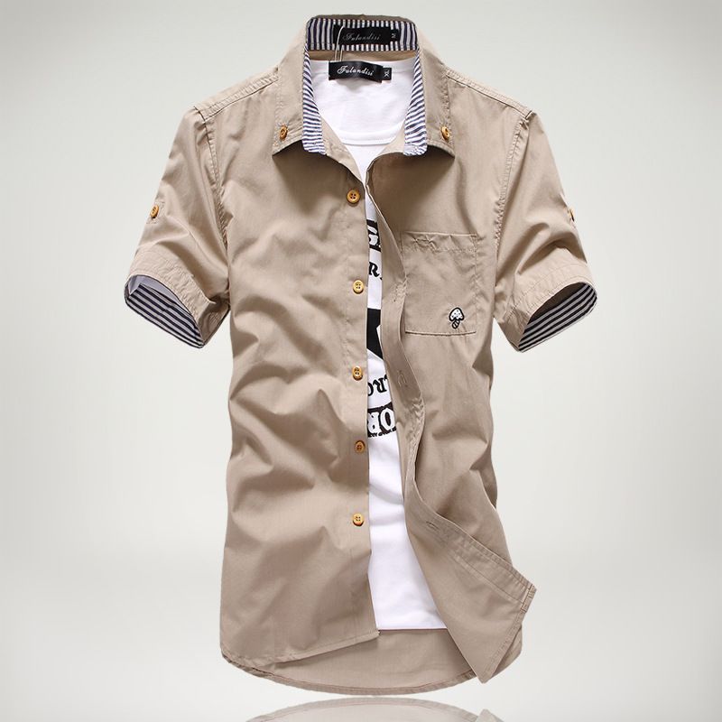 Wholesale- New Summar Men's Casual Short Sleeve Shirts Small Mushroom Embroidery Slim Shirts 12 Color M-3XL Free Shipping