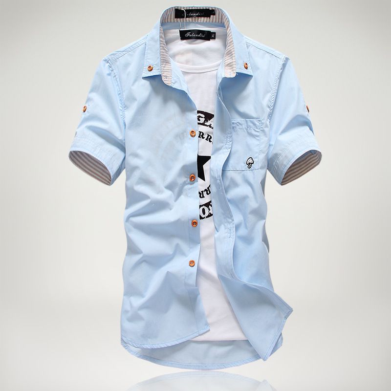 Wholesale- New Summar Men's Casual Short Sleeve Shirts Small Mushroom Embroidery Slim Shirts 12 Color M-3XL Free Shipping