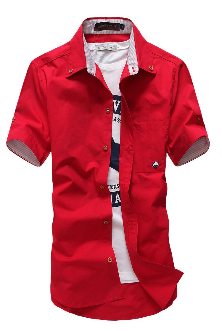 Wholesale- New Summar Men's Casual Short Sleeve Shirts Small Mushroom Embroidery Slim Shirts 12 Color M-3XL Free Shipping
