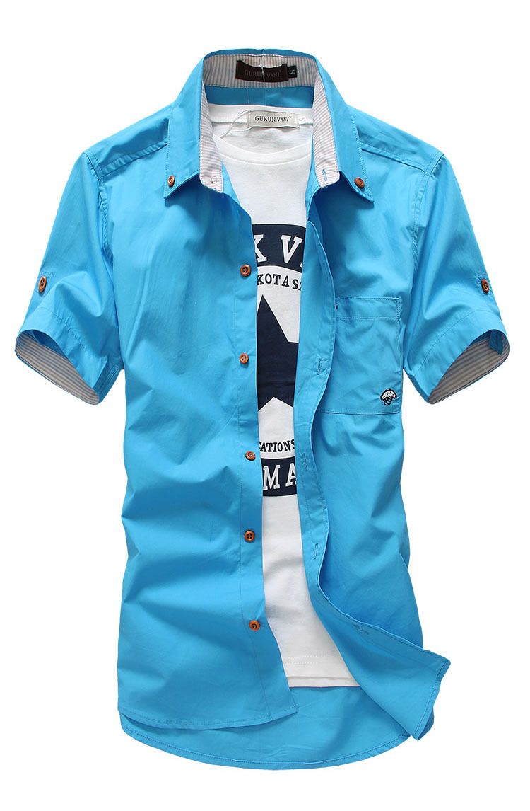 Wholesale- New Summar Men's Casual Short Sleeve Shirts Small Mushroom Embroidery Slim Shirts 12 Color M-3XL Free Shipping