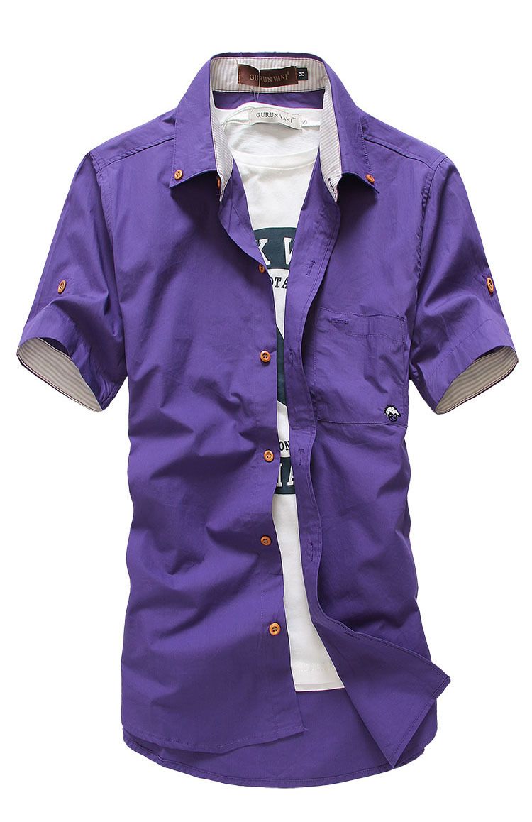Wholesale- New Summar Men's Casual Short Sleeve Shirts Small Mushroom Embroidery Slim Shirts 12 Color M-3XL Free Shipping