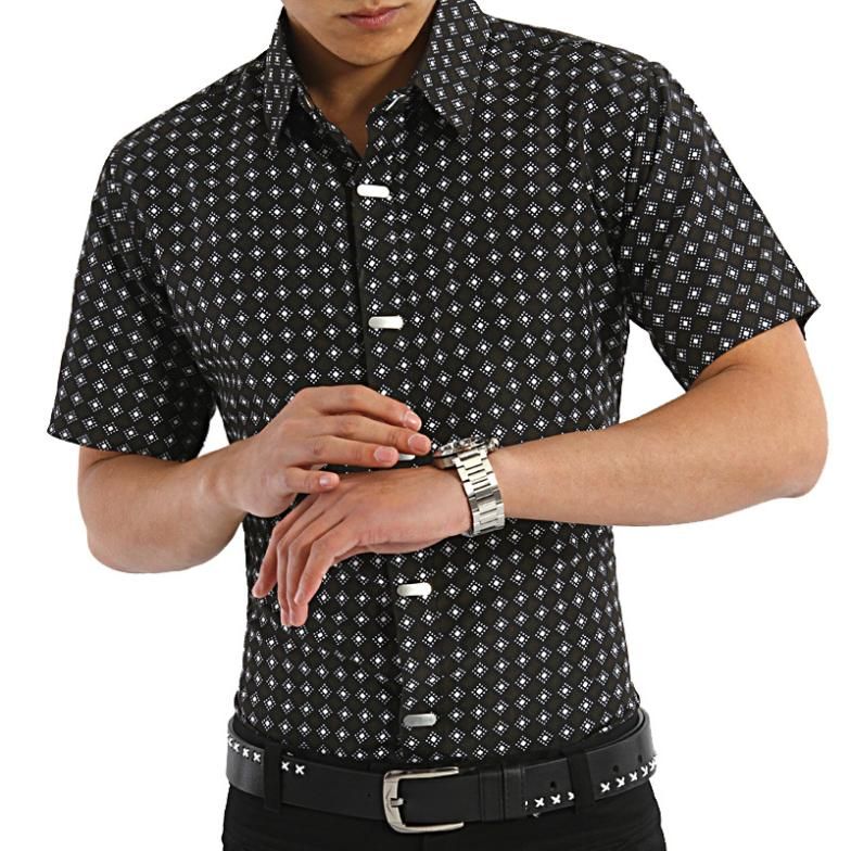 Wholesale- Men's Summer New Short-sleeved Turndown Collar Cotton Shirt Casual Fashion Steel Buckles Design Men Shirts M-XXXL