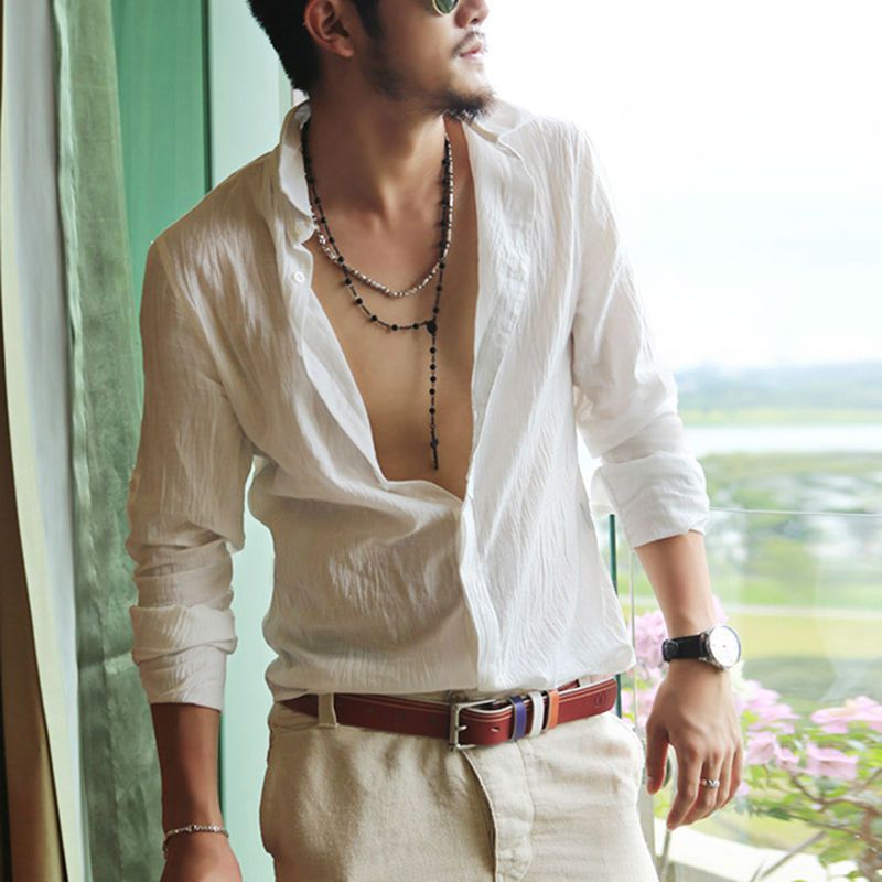 Wholesale-Quick Drying Men's Casual Chambray Shirts Summer Beach Style Outdoor Jacket Cotton Long Sleeve Brands Autumn Sale!