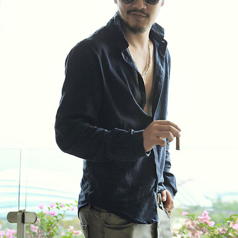 Wholesale-Quick Drying Men's Casual Chambray Shirts Summer Beach Style Outdoor Jacket Cotton Long Sleeve Brands Autumn Sale!