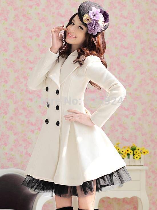 Wholesale-2015 Long Woolen Coat Fashion Women Winter Ruffled Coat Christmas Parka Plus Size Ladies Lace Peacoat Trench Coat Outerwear W26