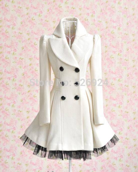 Wholesale-2015 Long Woolen Coat Fashion Women Winter Ruffled Coat Christmas Parka Plus Size Ladies Lace Peacoat Trench Coat Outerwear W26