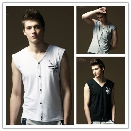 Wholesale-CLEARANCE! Brand New Vest Men Tide Summer Outwear Casual Cardigan Solid Mens Sleeveless Tops Cotton V-neck Male Tank Top