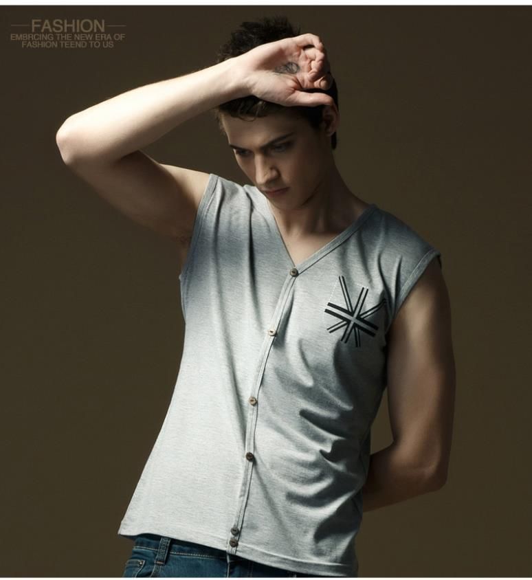 Wholesale-CLEARANCE! Brand New Vest Men Tide Summer Outwear Casual Cardigan Solid Mens Sleeveless Tops Cotton V-neck Male Tank Top