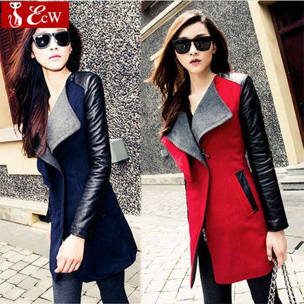 Wholesale-womens jacket Spring Autumn Fashion 2015 jacket for womans Woolen coat Genuine leather PU stitching long sleeve jacket big size