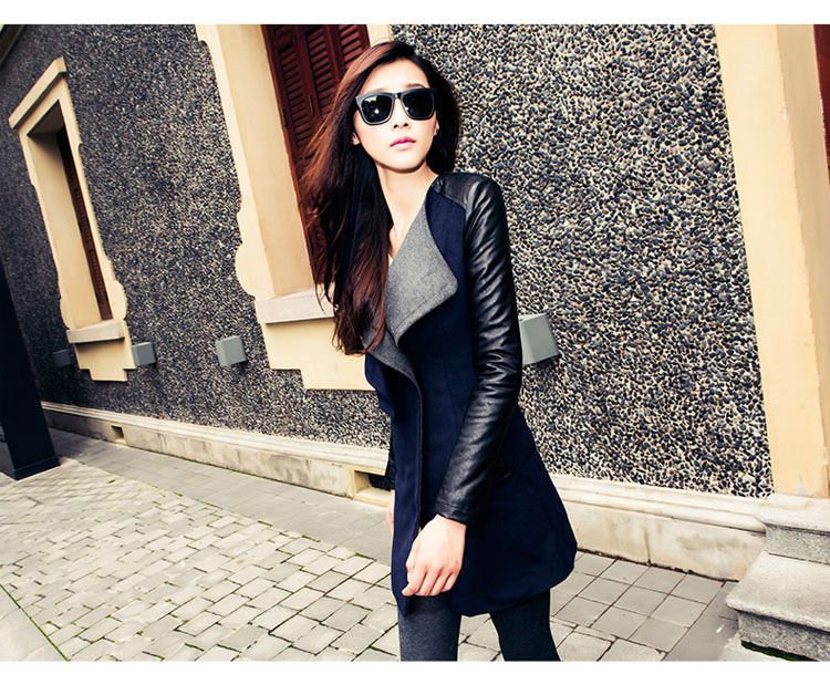 Wholesale-womens jacket Spring Autumn Fashion 2015 jacket for womans Woolen coat Genuine leather PU stitching long sleeve jacket big size