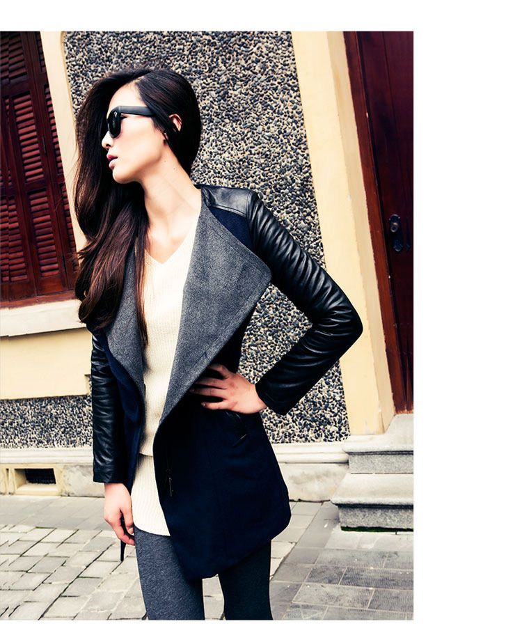 Wholesale-womens jacket Spring Autumn Fashion 2015 jacket for womans Woolen coat Genuine leather PU stitching long sleeve jacket big size