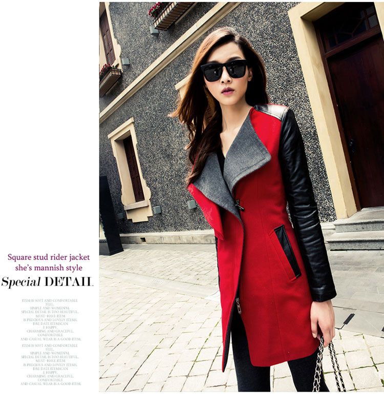 Wholesale-womens jacket Spring Autumn Fashion 2015 jacket for womans Woolen coat Genuine leather PU stitching long sleeve jacket big size